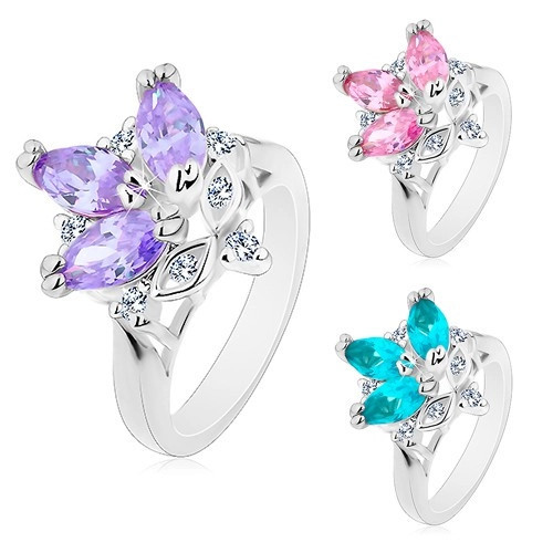 Inel argintiu, zirconii transparente și trei zirconii colorate &icirc;n formă de bob - Marime inel: 56, Culoare: Roz
