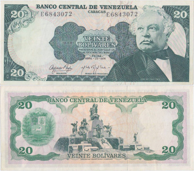 1974 (23 IV), 20 Bol&amp;iacute;vares (P-53a) - Venezuela - stare XF foto