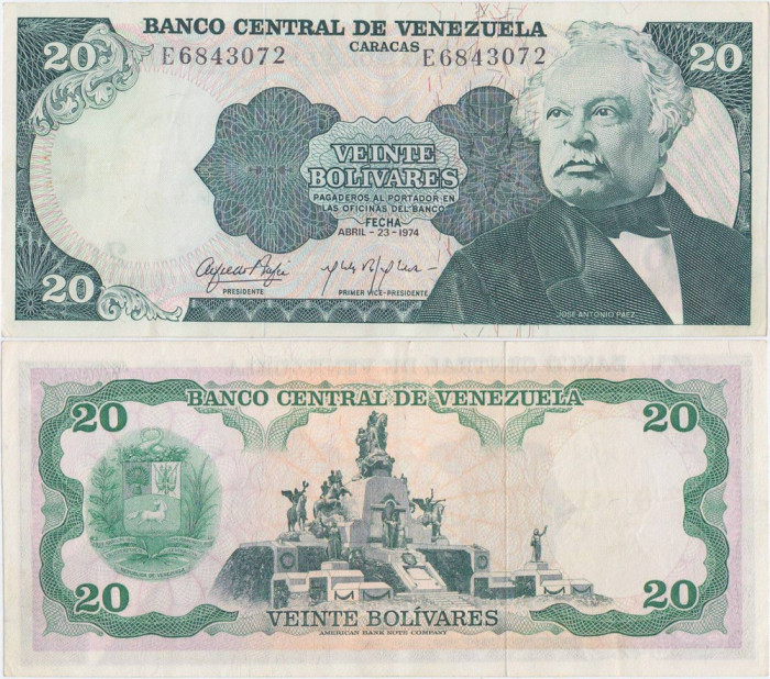 1974 (23 IV), 20 Bol&iacute;vares (P-53a) - Venezuela - stare XF