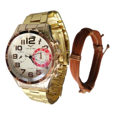 Ceas elegant barbatesc, bratara inclusa, curea metalica aurie, mecanism quartz, display analog foto