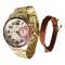 Ceas elegant barbatesc, bratara inclusa, curea metalica aurie, mecanism quartz, display analog