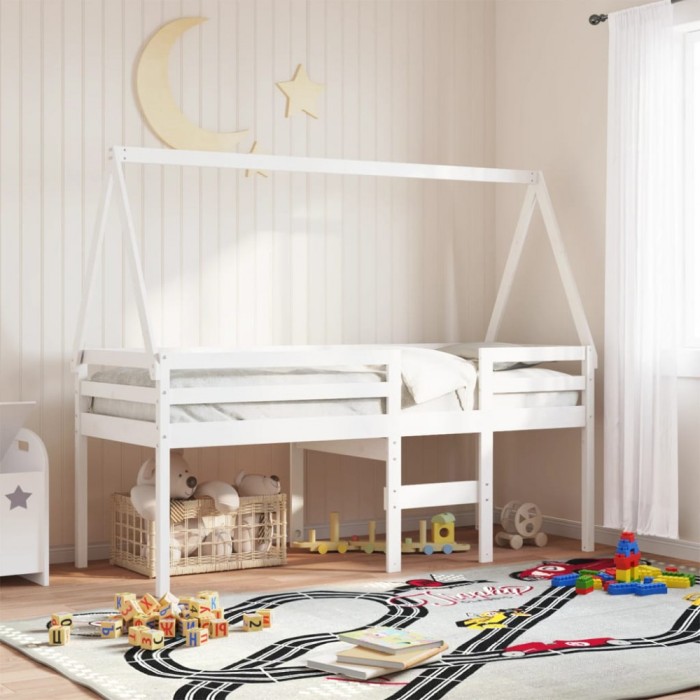 vidaXL Pat &icirc;nalt cu acoperiș, alb, 80x200 cm, lemn masiv de pin
