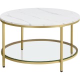 VASAGLE Masa de cafea rotunda cu blat din imitatie de marmura, polita suplimentara din sticla, 80x45cm, alb si auriu Household NewTrend