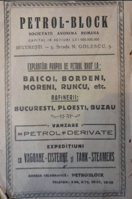 1927, Reclama PETROL - BLOCK Bucuresti Baicoi Bordeni Moreni Runcu Str N Golescu foto