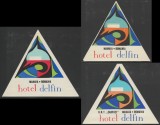 Romania anii 70 - Set 3 vignete de bagaje Hotel DELFIN din Mamaia (varietati), ONT Carpati, etichete hoteliere, promovare turistica
