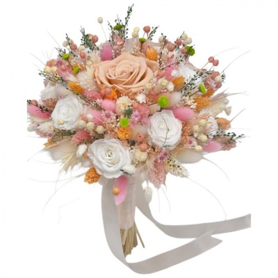 Buchet flori cu trandafiri criogenati si plante naturale uscate, personalizabil, ideal pentru cununie civila, nunta, mireasa sau cadou foto