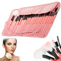 Set Profesional de Pensule pentru Machiaj, 24 Piese, Sintetice, Maner Plastic, Roz, 14cm Lungime, Husa 24 x 7.5cm Inclusa foto