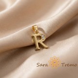 Pandantiv litera R cu zirconia, placaj triplu cu aur 14K