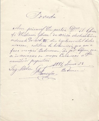 A3765N Dovadă de primire a hotarelor moșiei Butimanu de la Vladimir M Ghica și soția sa, Eliza Ghica, 1881 foto