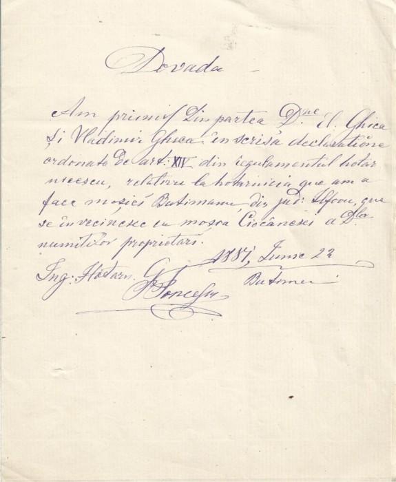 A3765N Dovadă de primire a hotarelor moșiei Butimanu de la Vladimir M Ghica și soția sa, Eliza Ghica, 1881