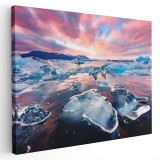 Tablou aisberguri laguna glaciară Jokulsarlon, Islanda, roz, albastru 1167 Tablou canvas pe panza CU RAMA 70x100 cm