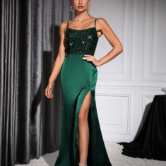 Rochie maxi cu slit si aplicatii paiete, verde, dama