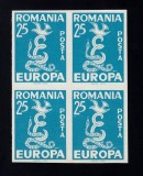 ROMANIA EXILUL ROMANESC EMISIUNEA 12 EUROPA 1958 EROARE CULOARE ALBASTRU IN LOC DE VERDE NEDANTELAT BL 4 MNH
