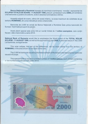 bnk bn Romania 2000 lei 1999 eclipsa unc 001A in pliant foto