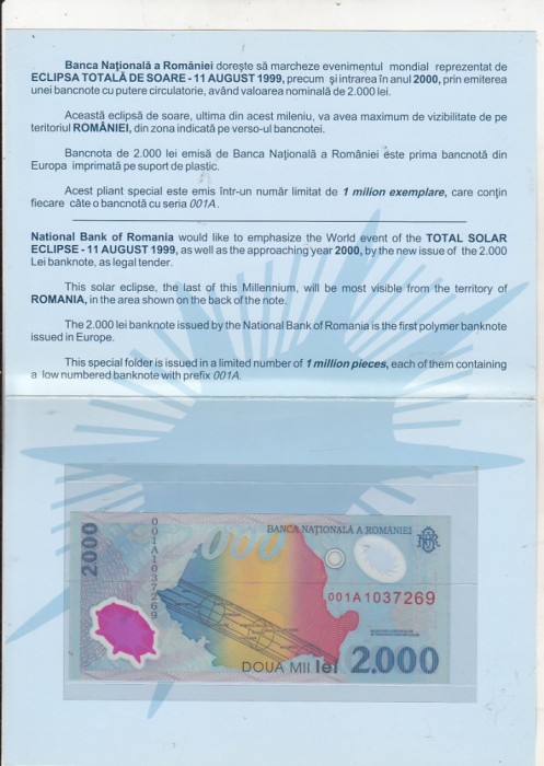 bnk bn Romania 2000 lei 1999 eclipsa unc 001A in pliant