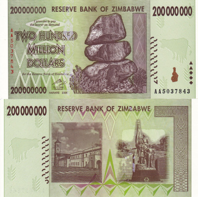 ZIMBABWE 200.000.000 dollar 2008 UNC!!! foto