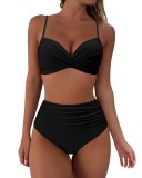 Bustieră de bikini RXRXCOCO pentru femei cu &icirc;nfășurare și ridicare, controlul abdomenului, set de bikini cu talie &icirc;naltă, costum de baie negru, mărime