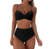 Bustieră de bikini RXRXCOCO pentru femei cu &icirc;nfășurare și ridicare, controlul abdomenului, set de bikini cu talie &icirc;naltă, costum de baie negru, mărime