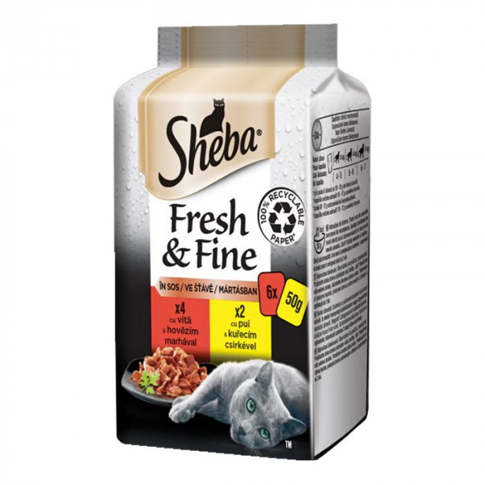 Sheba Fresh &amp;amp; Fine pungi pentru pisici, pui și carne de vită 6 x 50 g