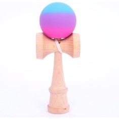 Jucarie interactiva kendama, flippy, din lemn, 18 cm, joc de indemanare pentru copii si adulti, model gradient 1, roz/mov/albastru