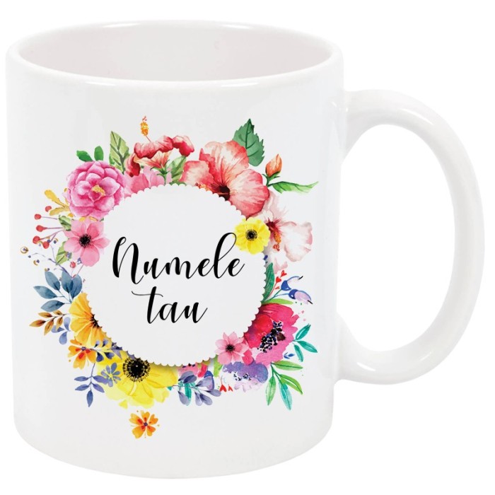 Cana cu nume personalizata, ceramica alba, 325 ml, model flori colorate Cana cu nume personalizata, ceramica alba, 325 ml, model flori colorate
