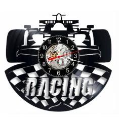 Ceas de perete decorativ realizat din disc de vinil, Model Formula 1 Monopost Racing, Steag Carouri, Negru, 30 cm
