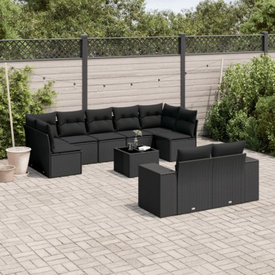 vidaXL Set canapele de grădină cu perne, 10 piese, negru, poliratan 3255362 foto
