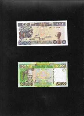 Set Guinea 100 + 500 francs franci unc foto