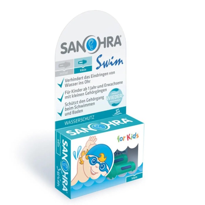Dopuri de urechi pentru inot, impiedica patrunderea apei in urechi la copii, 1 an+, reutilizabile, hipoalergenice, albastre, SANOHRA Swim Kids Childre