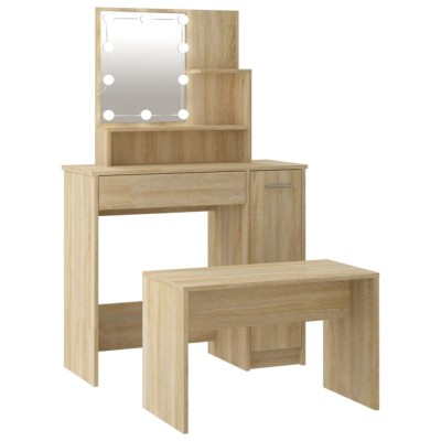 Set de masuta de toaleta cu LED, stejar sonoma, lemn prelucrat foto