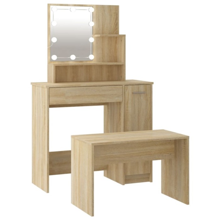Set de masuta de toaleta cu LED, stejar sonoma, lemn prelucrat