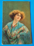 Carte Postala veche - Portret femeie in rochie inflorata, Circulata, Printata