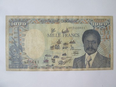Rară! Gabon 1000 Franci/Francs 1987,pentru o bancnota identica se cere pe site un pret=225 lei!!! foto