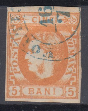 ROMANIA 1869 LP 25 CAROL I CU FAVORITI 5 BANI PORTOCALIU STAMPILAT FOLTICENI foto