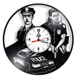 Ceas de perete din disc vinil, Tematică Poliție / Police, Design cu Ofițeri și Mașină de Intervenție, Negru