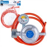 Set racord gaz propan butan &ndash; regulator cu manometru, cleme si furtun, 2m, Geko G80545