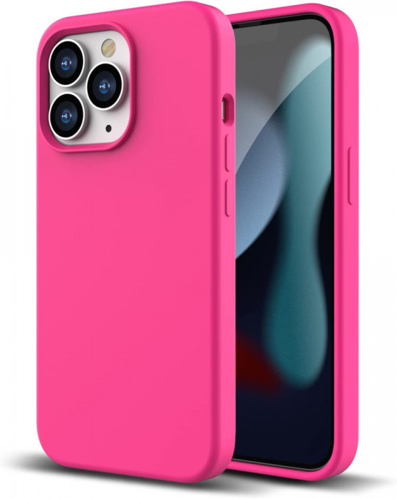 Husa din silicon compatibila cu iPhone 13 cu protectie la camera,silk touch, interior din catifea, Roz neon