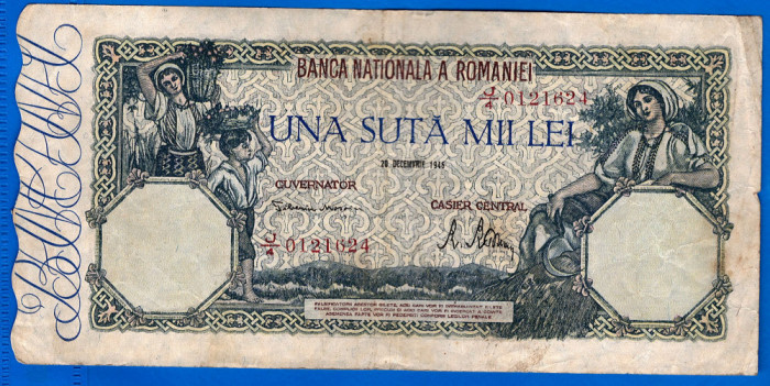 (76) BANCNOTA ROMANIA - 100.000 LEI 1946 (20 DECEMBRIE 1946), FILIGRAN ORIZONTAL