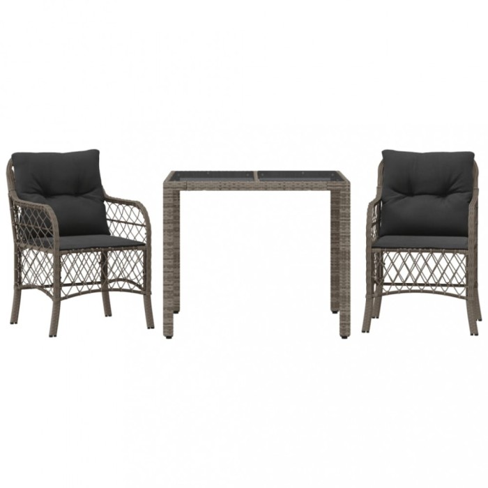Set bistro de gradina cu perne, 3 piese, gri, poliratan