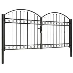 vidaXL Poartă de gard dublă cu v&acirc;rf &icirc;n arcadă, negru, 300x125 cm, oțel