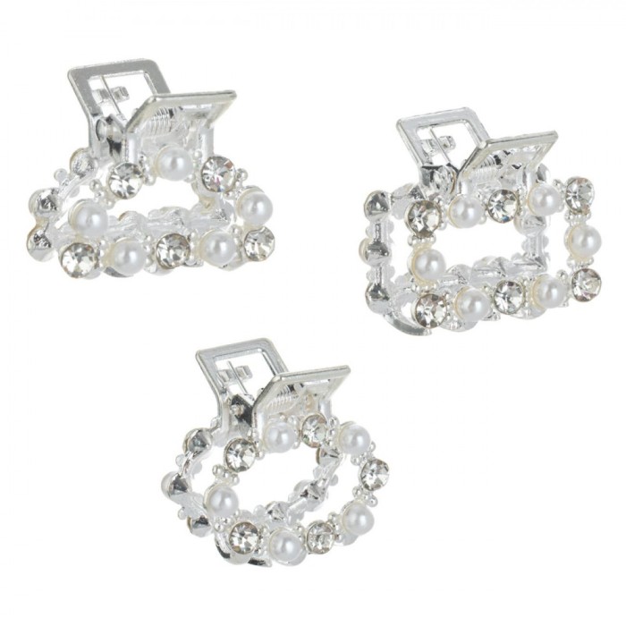 Set Clame Păr, 3buc, Model Geometric, Culoare Argintiu, Mărgele Albe, Strasuri