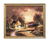 Cumpara ieftin Tablou apus de soare cu casa taraneasca pictat manual inramat, 65x55cm ulei pe panza, rama din lemn, Geo Ungureanu