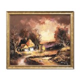 Tablou apus de soare cu casa taraneasca pictat manual inramat, 65x55cm ulei pe panza, rama din lemn, Geo Ungureanu