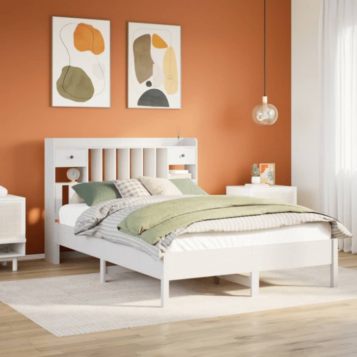 vidaXL Pat cu bibliotecă fără saltea, alb, 160x200 cm, lemn masiv pin 3322904