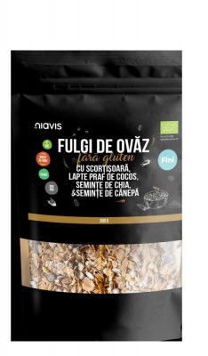 Fulgi de Ovaz Fini Fara Gluten cu Scortisoara, Pudra de Cocos, Chia si Seminte de Canepa Bio 200 grame Niavis foto