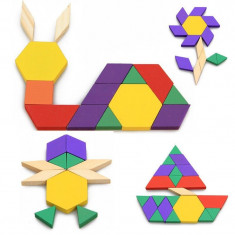 Joc educativ lemn, tangram 125 piese, Puzzle Blocks multicolor - 22200044 foto