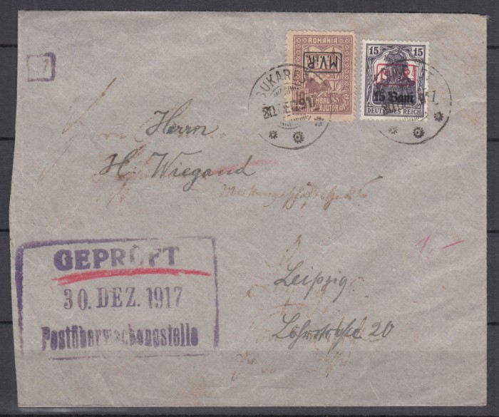 ROMANIA 1917/1918 TIMBRE DE AJUTOR EROARE SUPRATIPAR M.V.I.R.IN CHENAR /PLIC