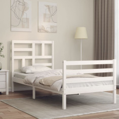 Cadru de pat cu tablie single mic, alb, lemn masiv foto