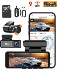 Camera auto de bord DVR QOVU&reg; S5, Full Kit, Dubla 4K Fata 1080P Interior / Spate, Card 64GB &amp; Kit monitorizare parcare incluse, Ecran 3.2", WiFi, Senz