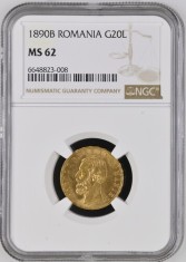 Moneda AUR 20 lei 1890, Carol I, MS62, certificata si gradata de NGC